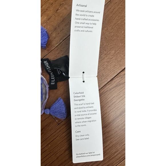 Eileen Fisher Womens Artisanal Silk Tasseled Square Scarf Wrap Blue Purple NWT - Picture 7 of 8